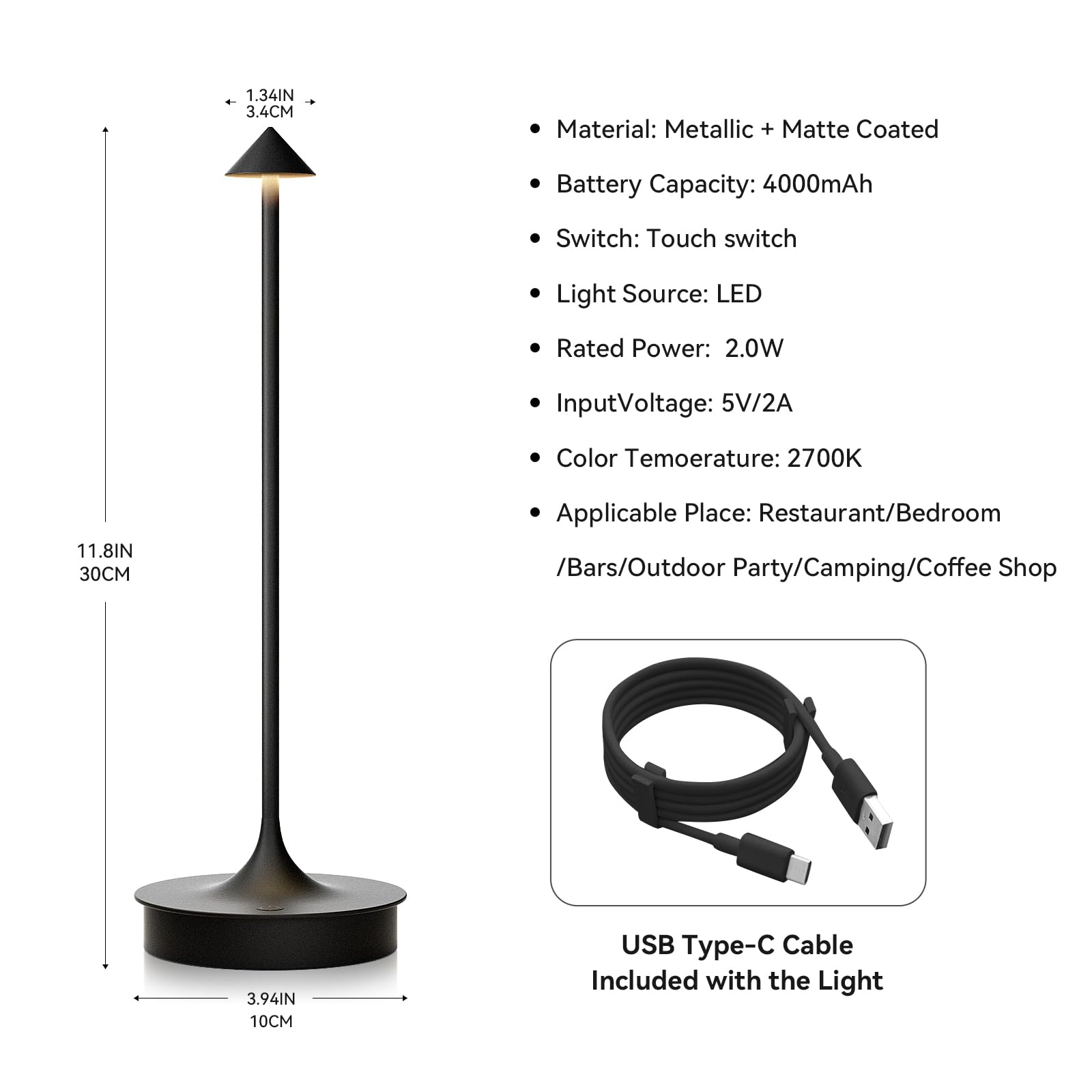 Jicai Set Of 2 Small Cordless Table Lamp Rechargeable, Battery Operated Desk Lamp, 4000Mah Led Touch Lamp, Dimmable Portable Outdoor Waterproof Wireless Table Light For Restaurants/Bars/Outdoor(Black