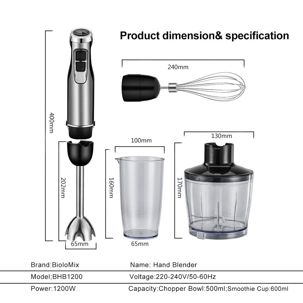 Byhip Immersion Blender 4 In 1 Hand Blender 800W Heavy Duty Motor, 15 Speed And Turbo Handheld Blender Stainless Steel Blade With 800Ml Mixing Beaker, 500Ml Chopper, Whisk And Milk Frother (Silver)