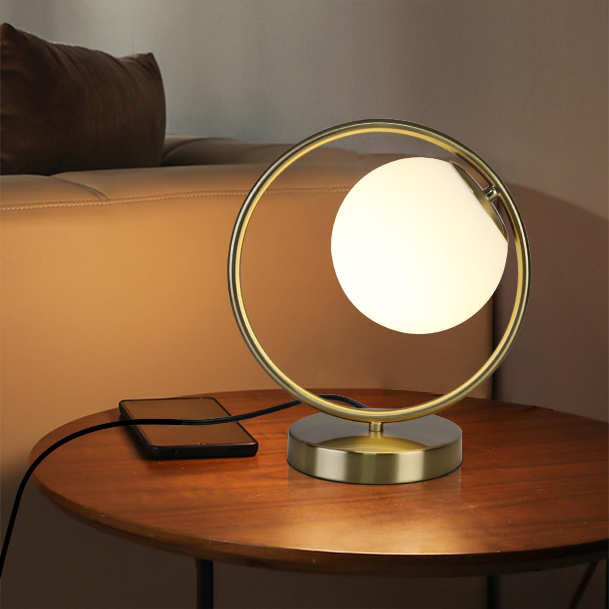 Masivel Globe Table Lamp, Mid Century Modern Lamp For Nightstand, Unique Sphere Table Lamps For Bedroom Bedside Living Room Office Nightstand, E26 Dimmable Switch, Brass