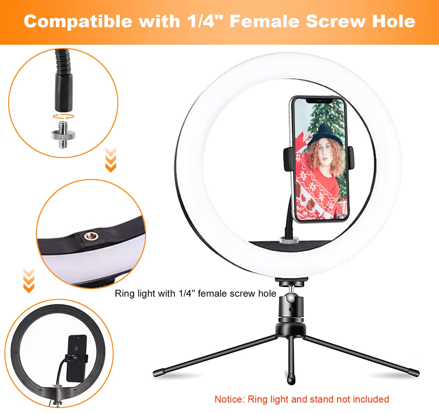 Jctriway Ring Light Phone Holder Universal Phone Holder For Ring Light With 1/4 And Hot Shoe Adapter, Flexible Phone Mount For Ringlight And Tripod Stand