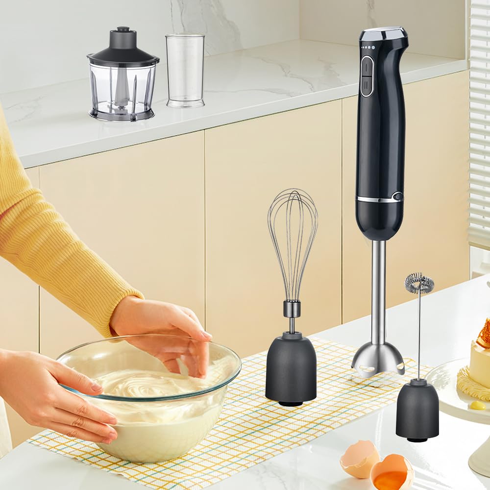 Dpeho Immersion Blender，Hand Blender Mixer, 5 In 1 Immersion Blender, 1000W Powerful Handheld Stick Mixer Blender With Turbo Mode,With Variable Speed & Chopper, Whisk And Frother, 15.55, Black