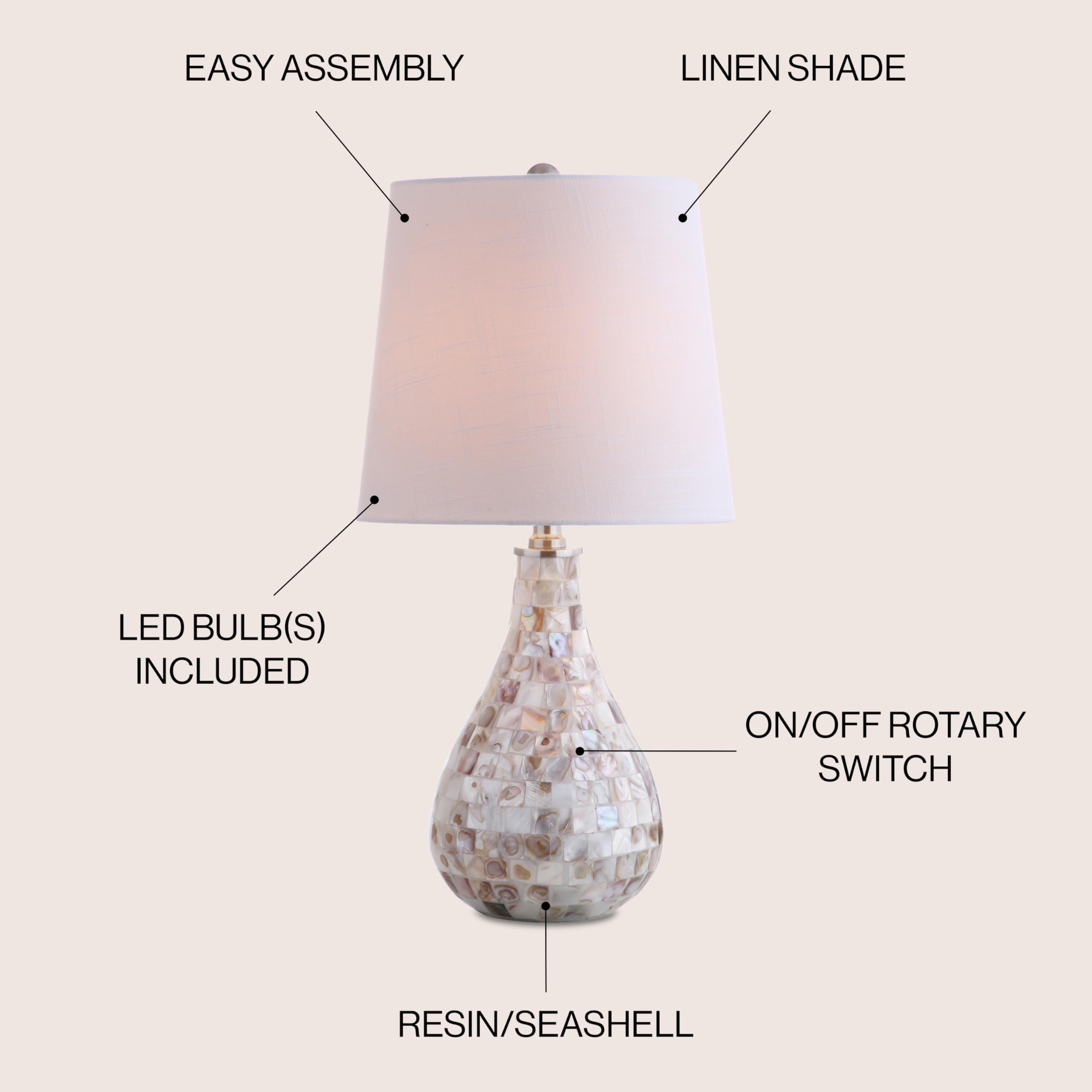 Jonathan Y Jyl1024A Mona 20.5" Mini Led Table Lamp, Cottage, Coastal, Transitional, Modern, Elegant, Office, Living Room, Family Room, Dining Room, Bedroom, Hallway, Foyer, Seashell