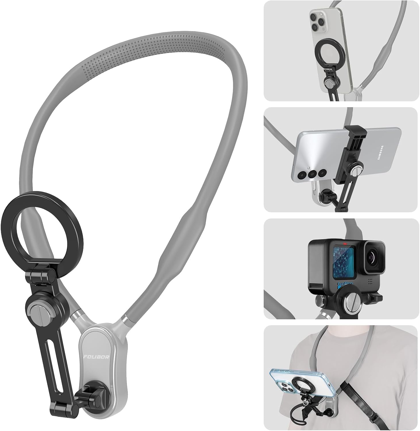Folibor Magnetic Phone Holder, 4 In 1 Neck Mount For Phones & Action Camera, Hand  Cell Phone Holder For Recording Pov/Vlog Video Selfie, Neck Tripod For Iphone, Gopro, Android Phones Grey