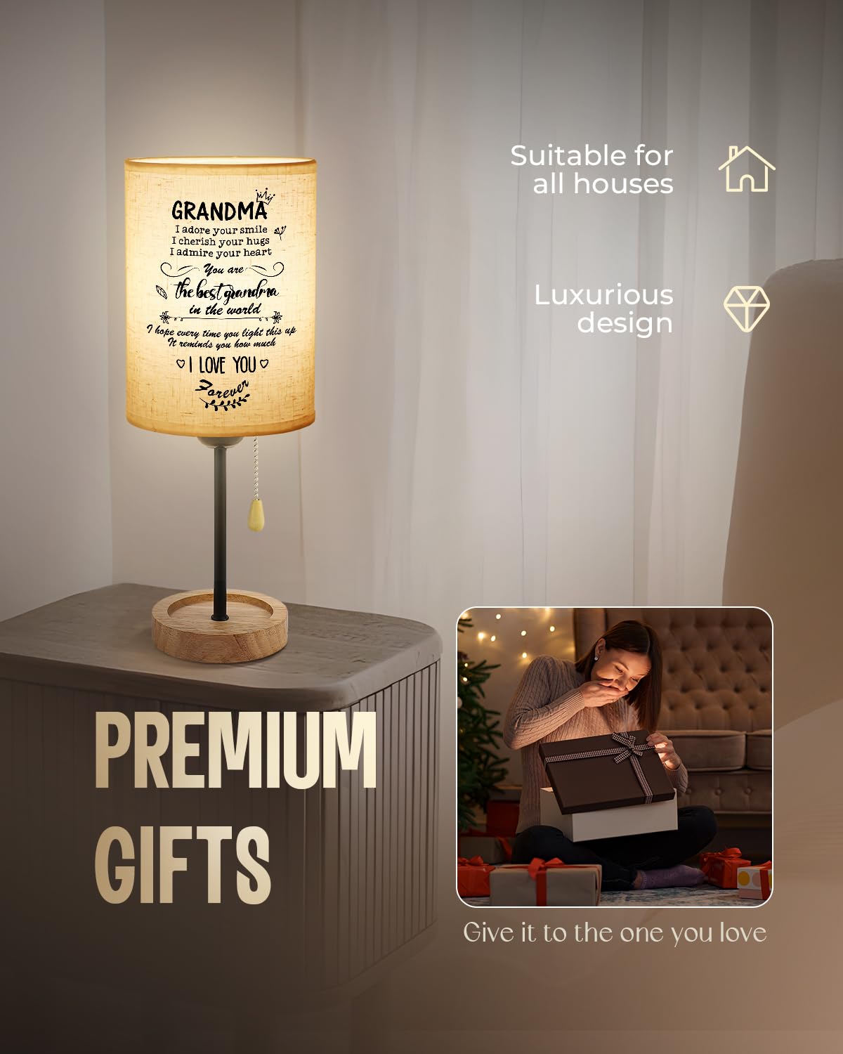 Calibron Grandma From Grandkids Linen Fabric Wooden Table Lamp,Grandma Birthday Bedroom Night,Birthday For Grandma Nightstand Lamp, Great Grandmother
