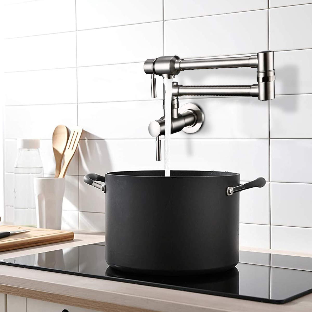 Bagnolux Pot Filler Faucet Stainless Steel, Wall Mount Pot Filler Kitchen Faucet Cold Water Only Double Lever Handle With Dual Joint Swing Arm Brass Stove Faucet, 23.4'', Stainless Steel