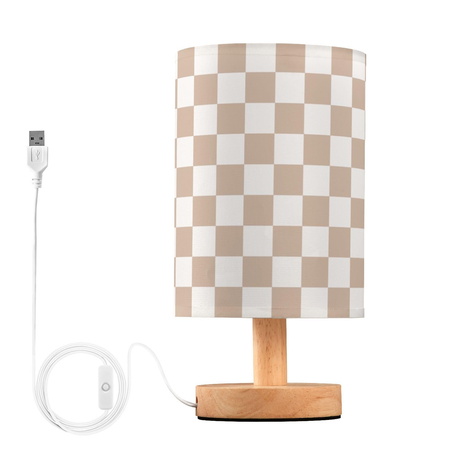 Wevibofu Table Lamp Brown White Checkered Nightstand Lamp With Wood Base Led Bedside Shade Desk Lamp For Bedroom Living Room Dorm Office Decor