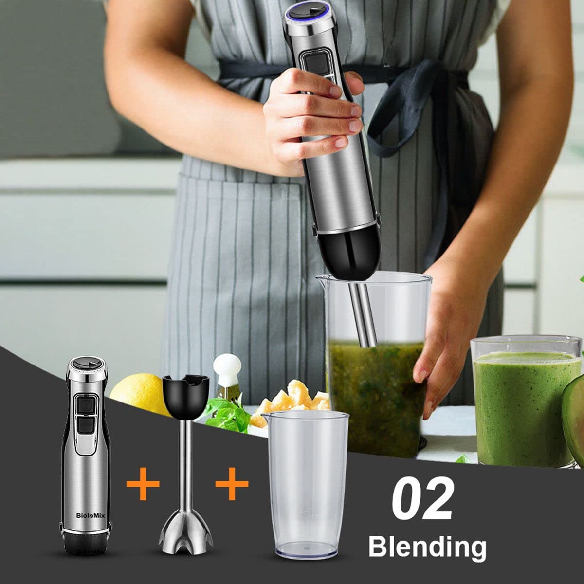 Uniqus Immersion Multi-Purpose Hand Blender Heavy Duty Copper Motor Stainless Steel Finish Includes Whisk Attachment, Chopper And Smoothies Cup
