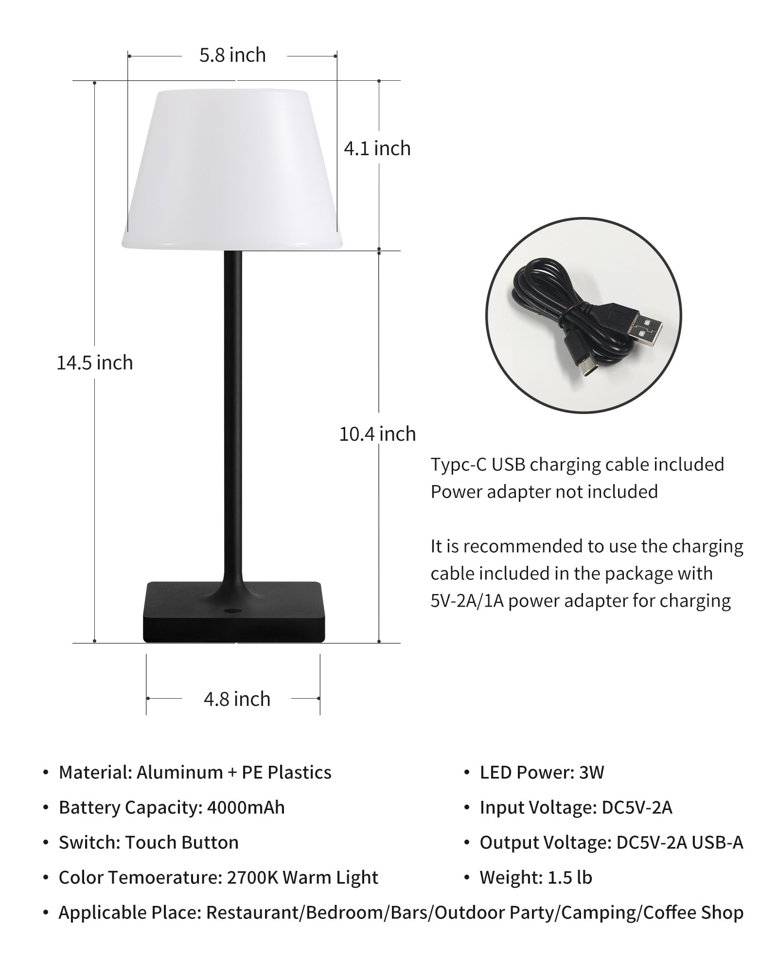 Newsee Cordless Portable Touch Table Lamp Waterproof Set Of 2, 4000Mah Rechargeable Battery Powered Dimmable Led Desk Lamps, Modern Baby Night Light For Bedroom, Restaurant, Bathroom (Black 14.5")