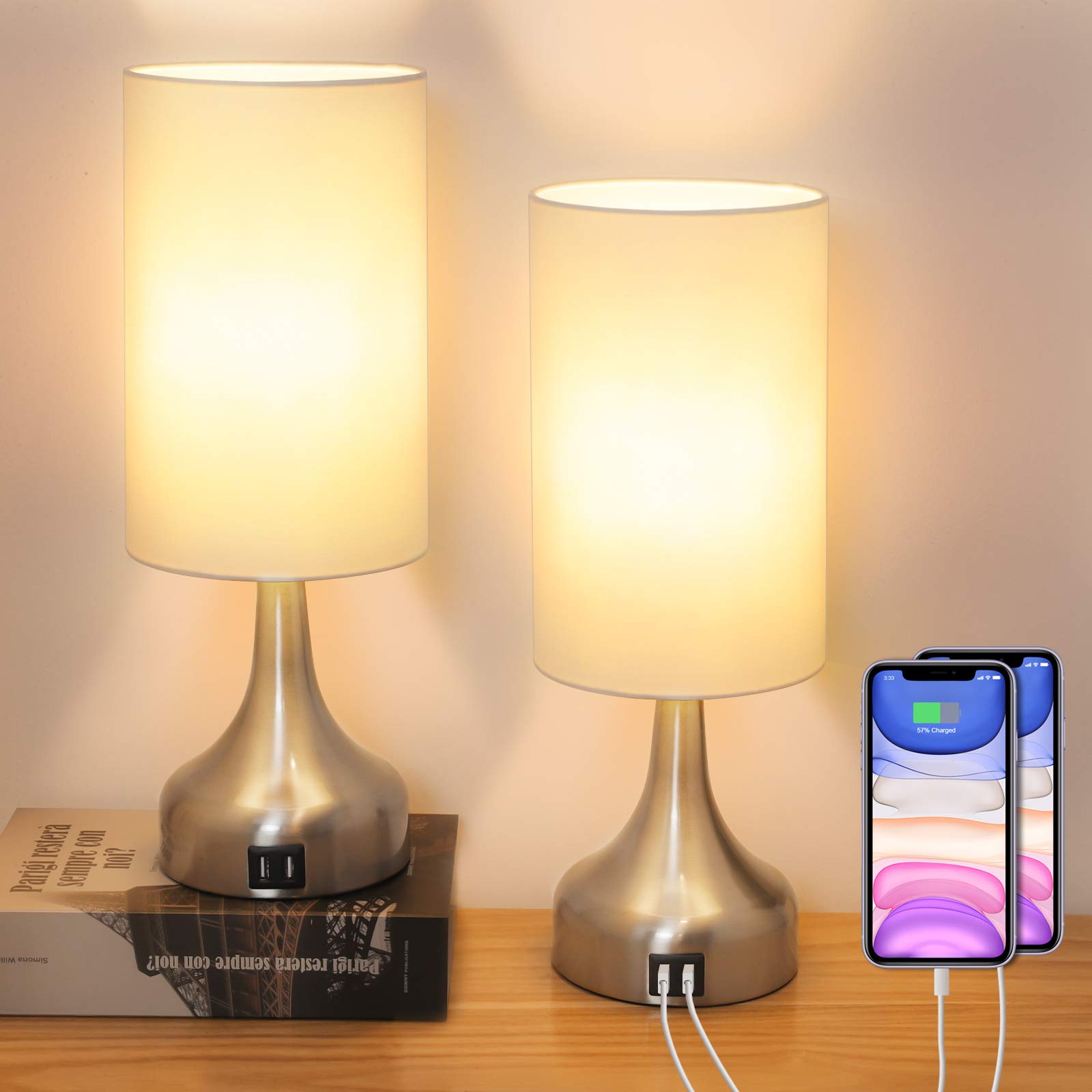 Yoxdalmk 3-Way Dimmable Touch Control Table Lamp Set Of 2, Modern Bedside Desk Lamp With Dual Usb Charging Ports, White Fabric Lampshade Nightstand Lamp For Bedroom, Living Room (Led Bulbs Included)¡­