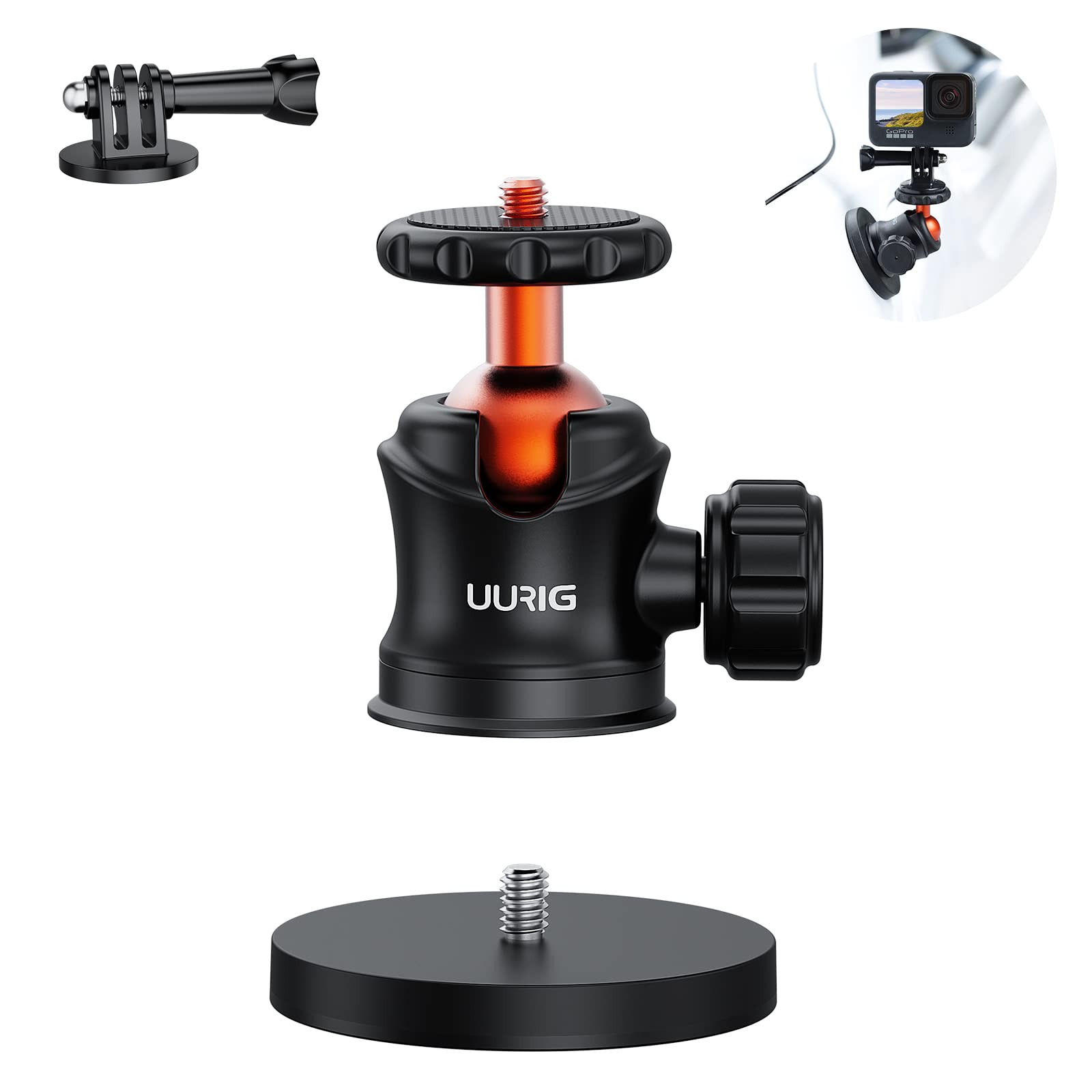 Vrig Express Uurig Bh07 Magnetic Camera Mount With 360° Ball Head, Magnetic Mount Base Stand With 1/4"-20 Thread Compatible With Gopro, Rubber Coated Magnet Base Deal For Mounting Action Cameras To Cars Body