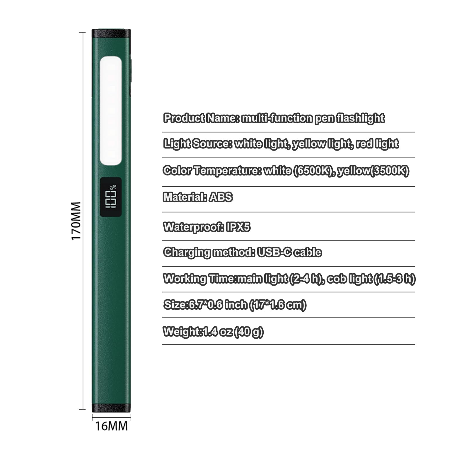 Bufccy Small Rechargeable Pen Flashlights With Cob Work Light, Portable Led Pocket Flashlight 1000 Lumens Bright Flashlights For Home, Car, Emergencies, With Usb-C Charge, 6 Light Modes, Lcd Display (Green)
