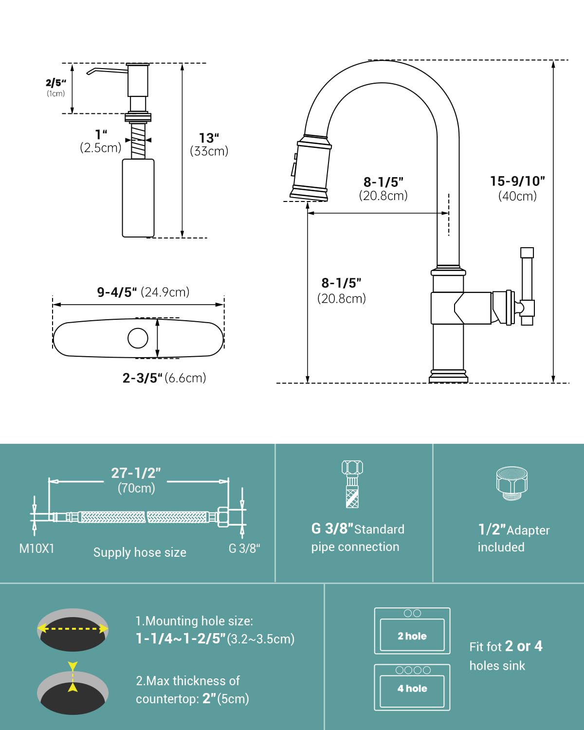 Dayone Matte Black Kitchen Faucets With Pull Down Sprayer, Single Handle Stainless Steel Kitchen Faucet One Hole High Arc Farmhouse Sink Faucets With Soap Dispenser, Day-136Mb