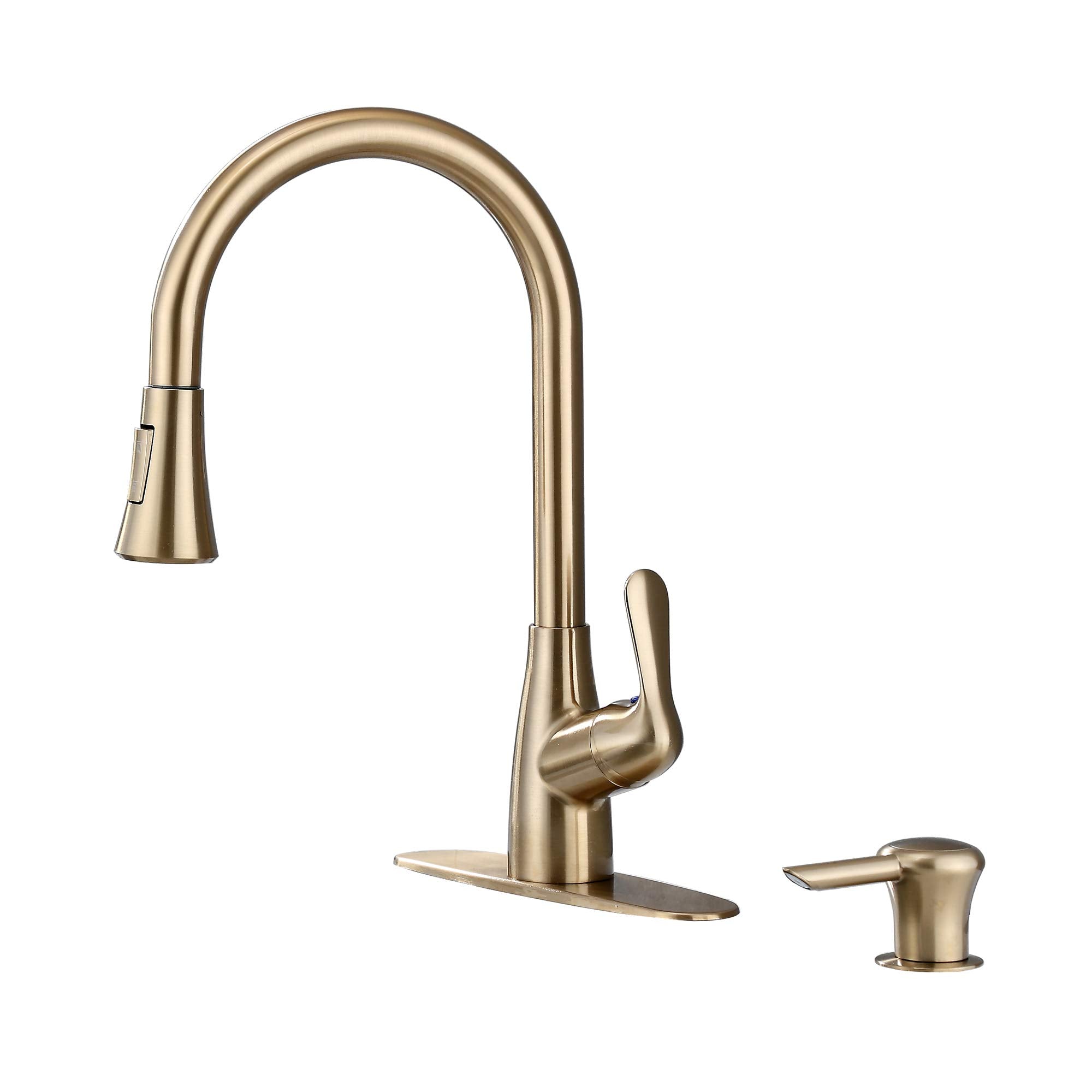 Derengge Brushed Gold Kitchen Faucet Single Handle Pull-Down Kitchen Sink Faucet With Soap Dispenser And Deck Plate, Faucet For Farmhouse, Camper, Laundry, Rv, Bar,Kf-058Ds-Cs