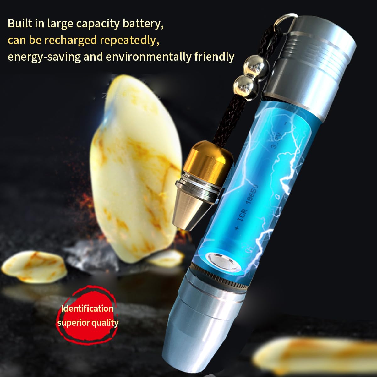Yzyoe Led Rechargeable Three Light Source Jade And Jewelry Appraisal Flashlight, 365Nm Ultraviolet Gemstone Jade Beeswax Detector, White, Yellow, And 365 Purple Light Multifunctional Flashlight.