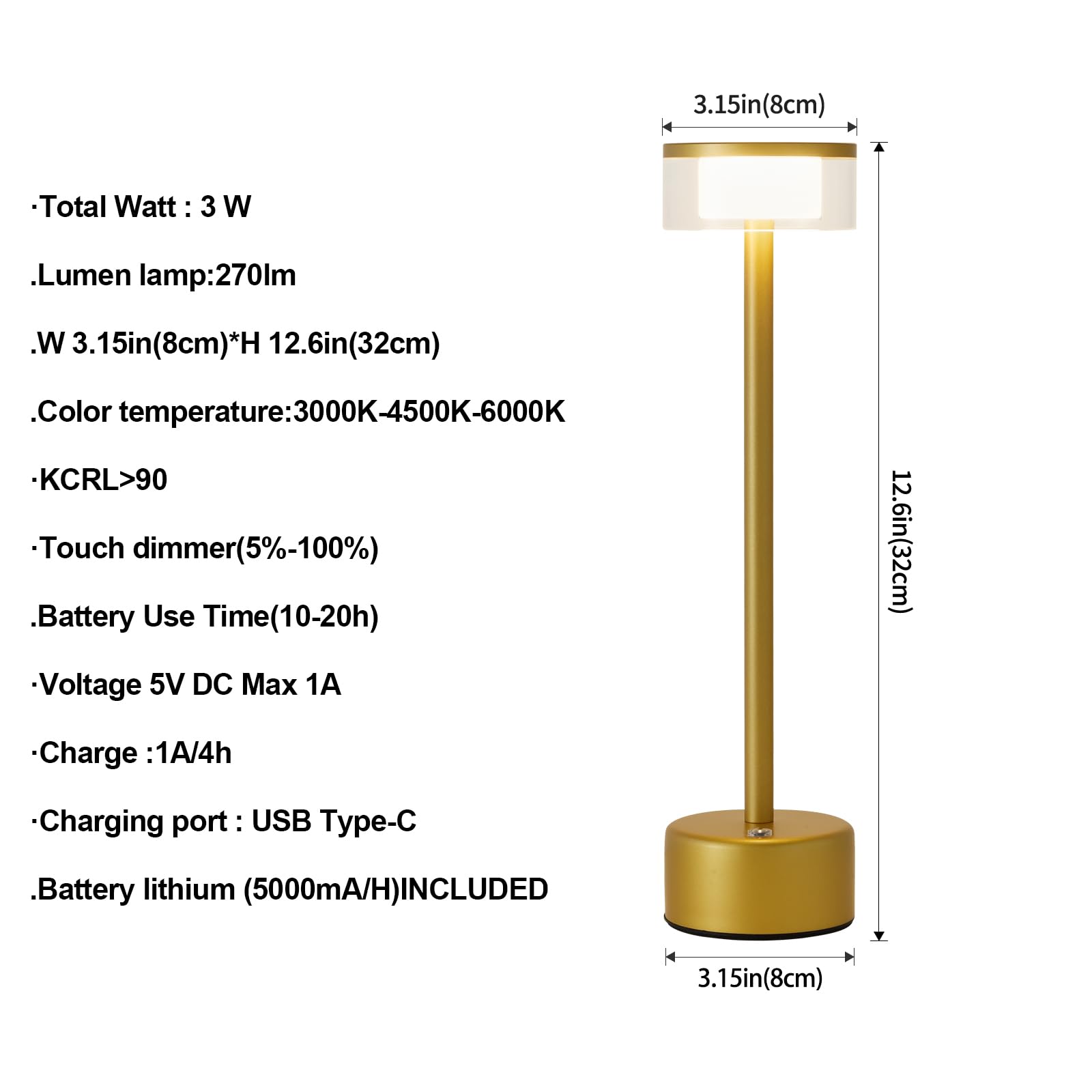 Nuanshued Cordless Table Lamp Rechargeable,5000Mah Battery Operated Table Lamp,Led 3 Color 3000K/4500K/6000K Steepless Dimming Gold Desk Lamp,Bedside Lamp With Acrylic Shade,Portable Night Light For Bedroom