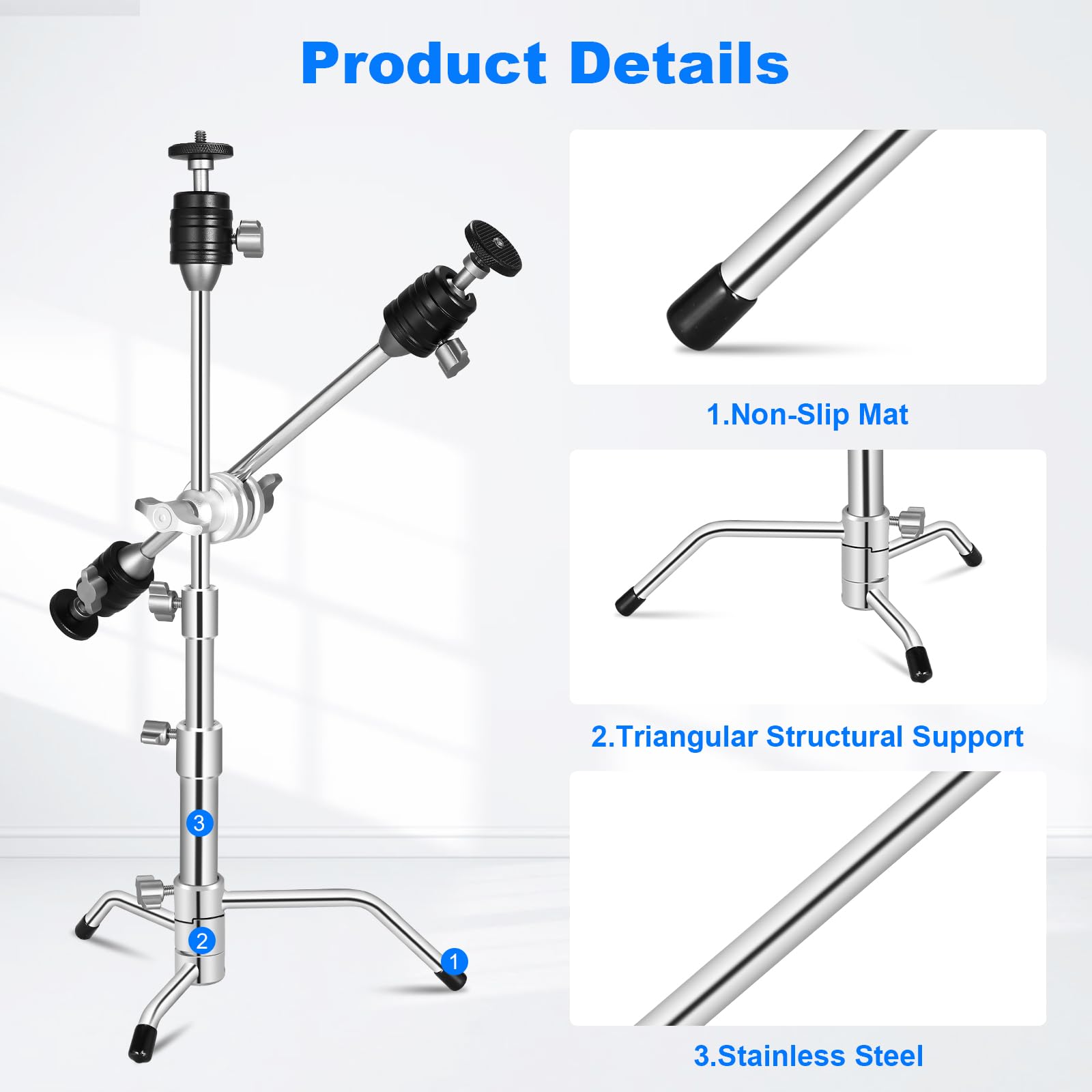 Supon 20" Mini Pocket C Stand, All-Metal Adjustable Small 20.8" C-Stand Short Tripod Stand With 13" Boom Arm Grip Head, 3 Ball Head, Sliding Leg For Camera, Smartphone, Light, Mic Photography - Silver