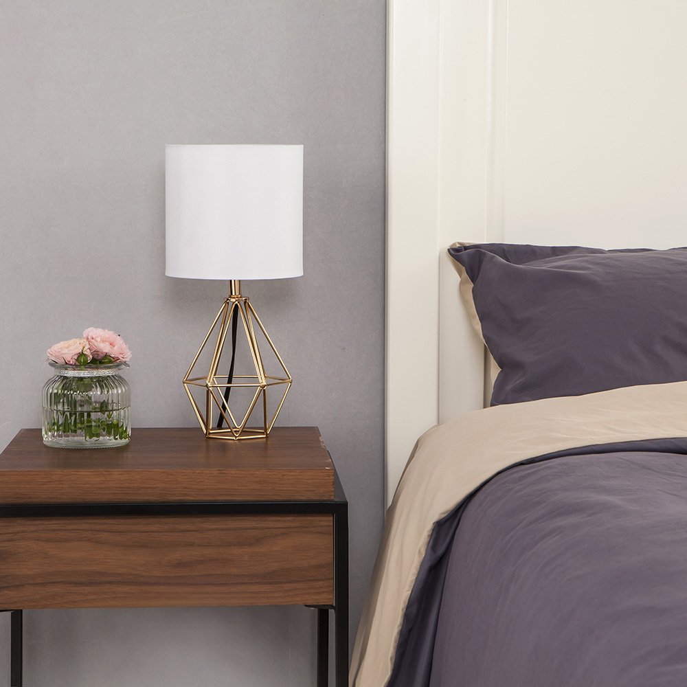 Cotulin Set Of 2 Gold Bedroom Small Table Lamp,Modern Bedside Nightstand Lamps With Geometric Metal Base White Fabric Shade,Cute Desk Lamp For Kids Living Room