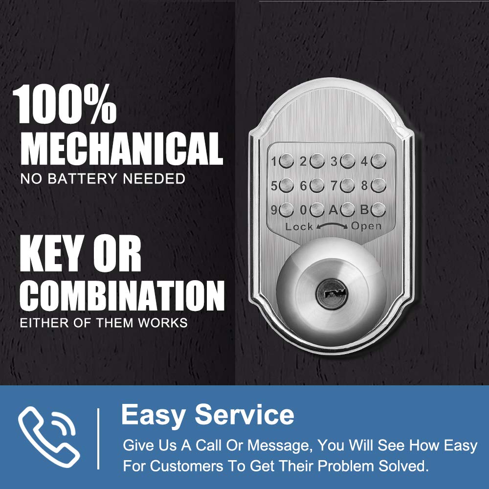 Megaflint Keyless Entry Keypad Deadbolt Door Lock 304 Stainless Steel 100% Mechanical - No Risk Of Low Power