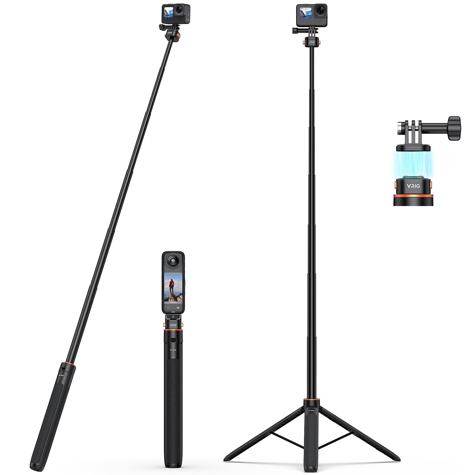 Vrig Select Vrig 63" Magnetic Selfie Stick Tripod For Go Pro, Quick Release Extendable Tripod Stand For For Go Pro Hero 13 12 1110 9 8 7 6 5 4 3 2, Fusion, Max, Session, Sjcam, Dji Osmo 5Pro/4/3 Insta 360 X5