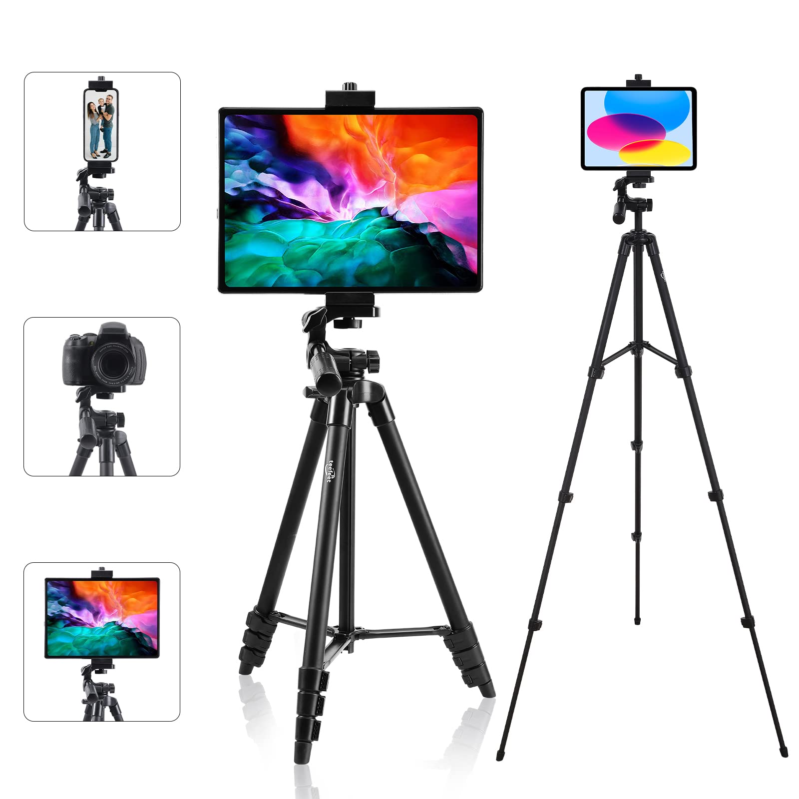 Teefeet Tablet Tripod 53 Inch Tripod For Ipad Aluminum Smartphone Tripod For Iphone Ipad Pro Camera Mobile Phone Lightweight Travel Selfie Stand Tripod Black