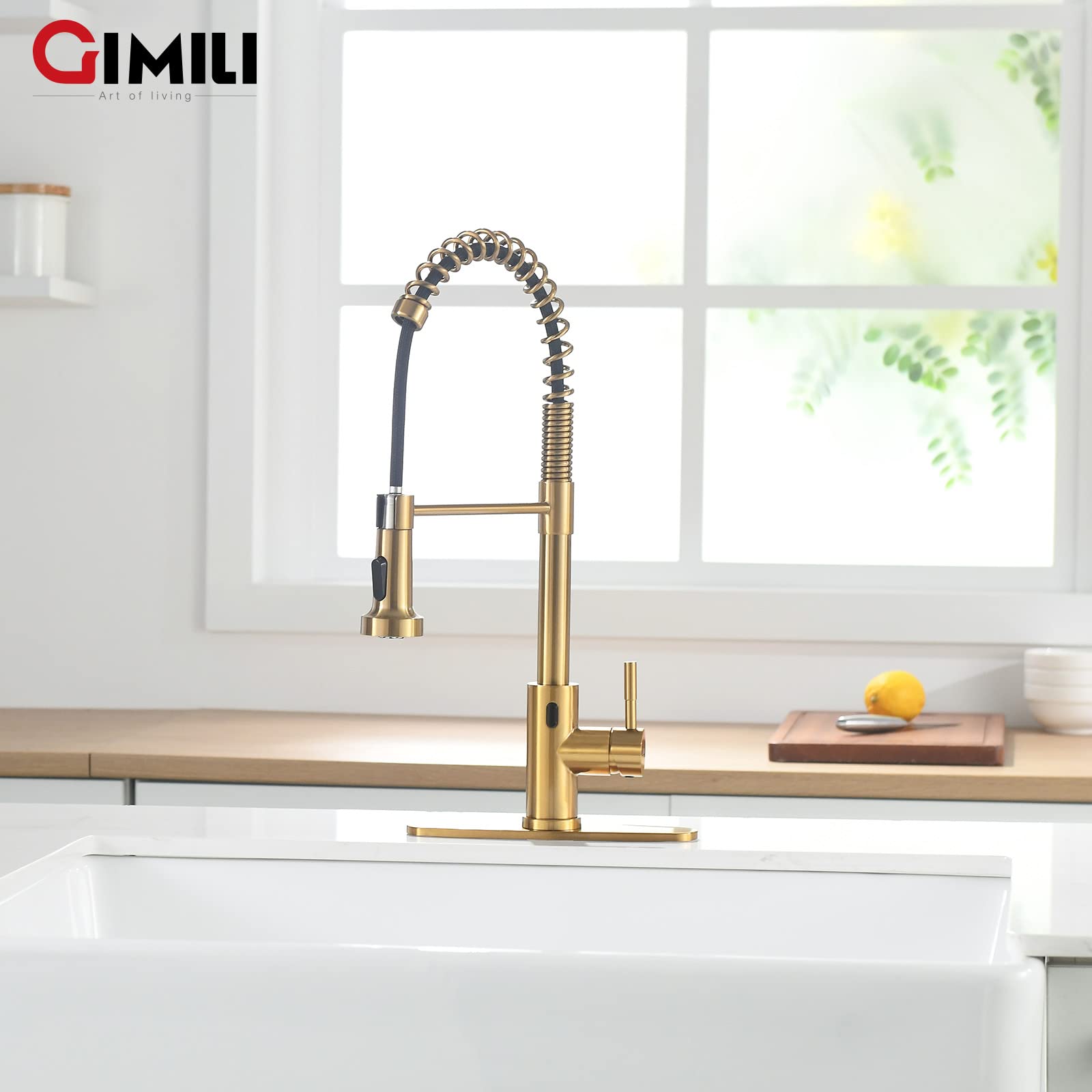 Gimili Gold Touchless Kitchen Faucet With Pull Down Sprayer Motion Sensor Smart Hands- Activated Single Hole Spring Faucet For Kitchen Sink