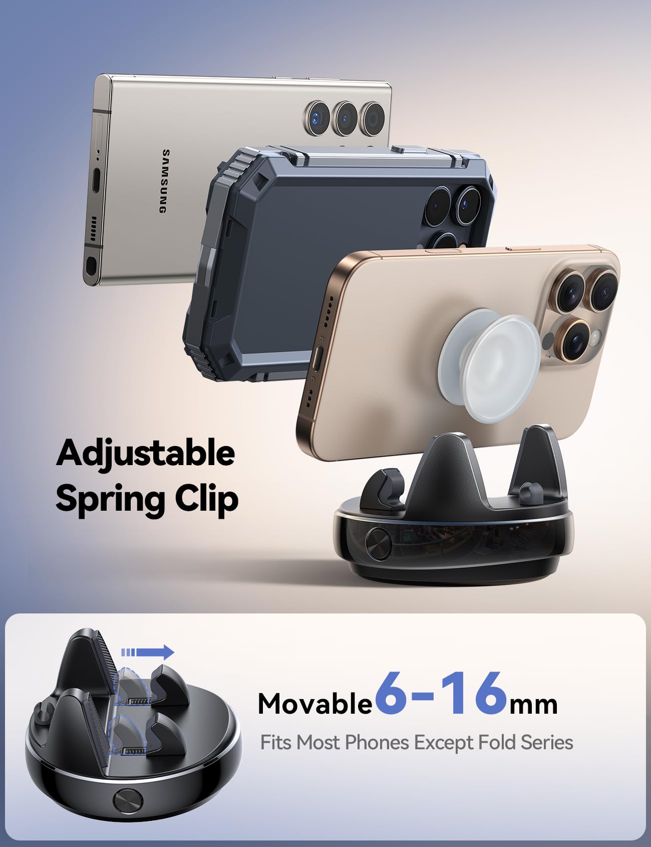 Joyroom Car Phone Holder With 360° Adjustable & Avoid Sun Glare, Anti-Slip Spring Snap Design Dashboard Cell Phone Holder, Phone Holders For Your Car Compatible With Pop Grip, Smartphones, Gps Devices