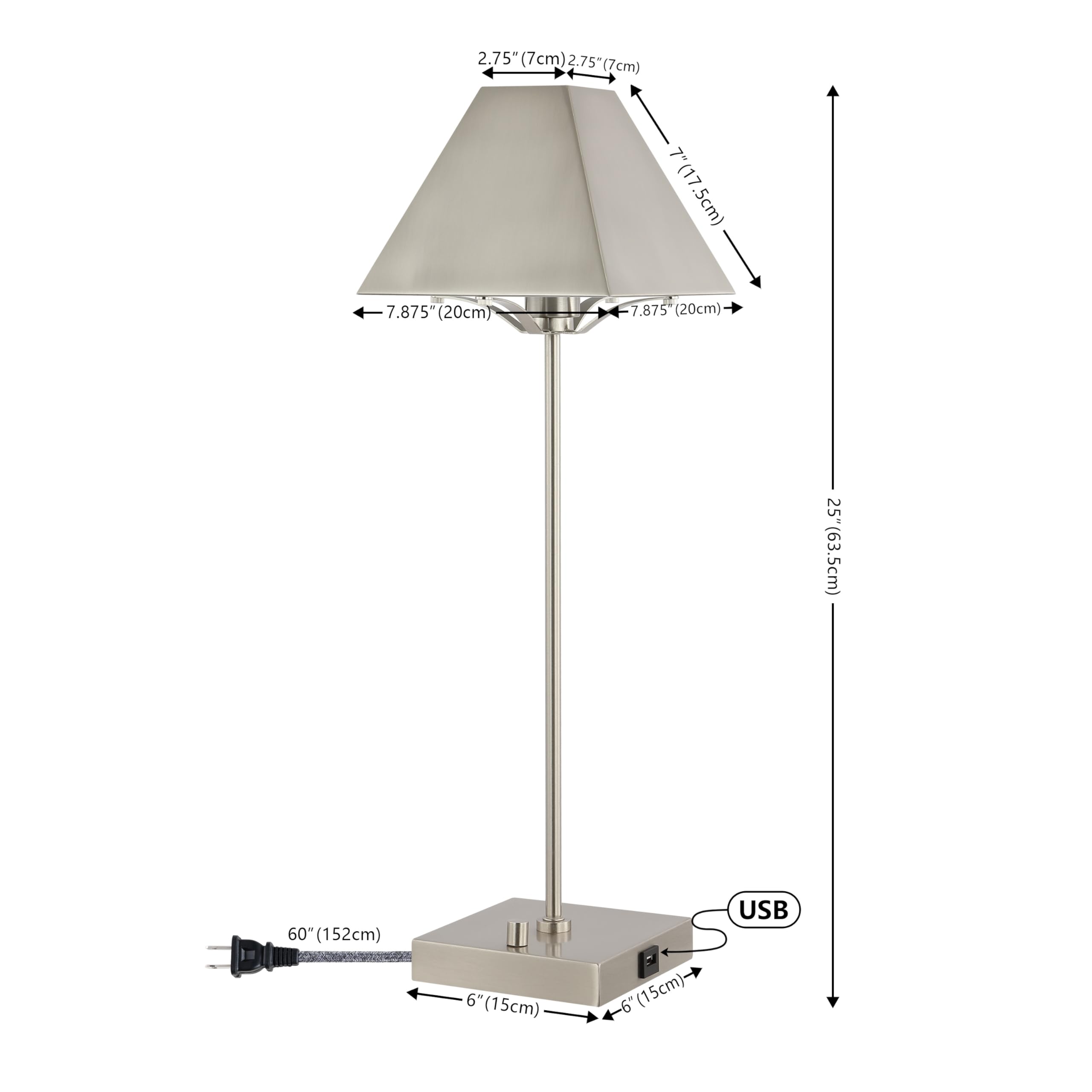 Jonathan Y Jyl6017A Ruthen 25" Industrial Style Iron Pyramid Bedside Led Table Lamp With Usb Charging Port Contemporary, Minimalist, Casual, Art Deco, Office, Living Room, Dining Room, Bedroom, Nickel