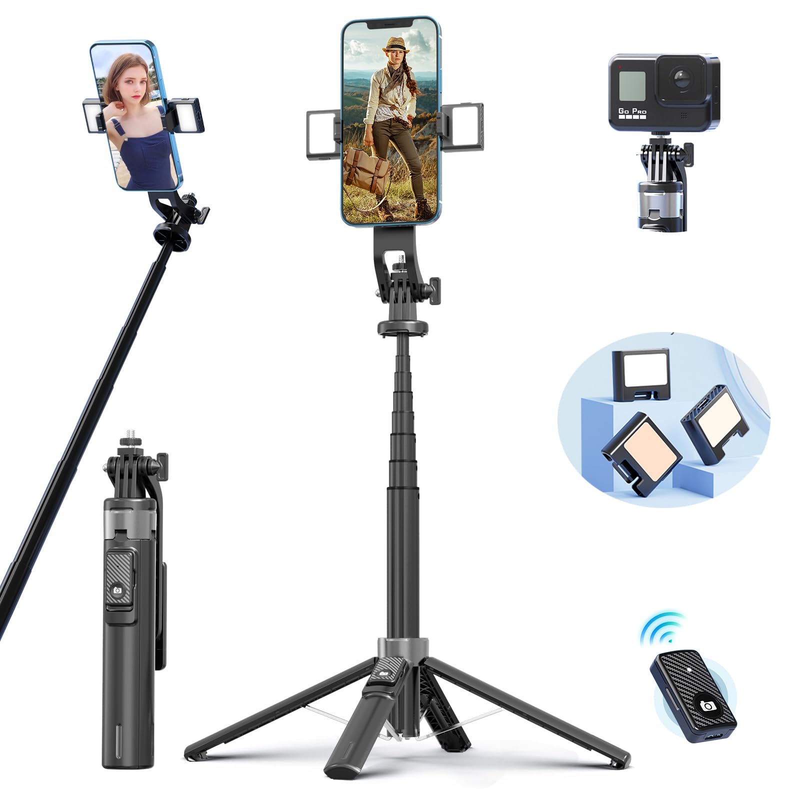 Unillqss Selfie Light For Iphone,53 Inch Tripod For Iphone With Light, 360 Degree Adjustable Selfie Stick Tripod For Cell Phone Gopro With Remote Aluminium Black