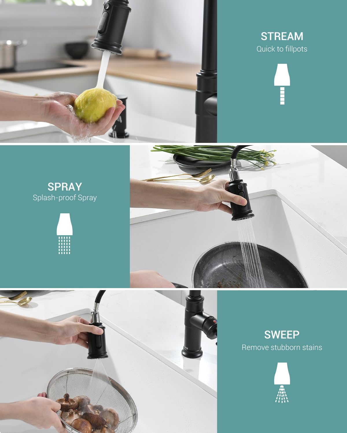 Dayone Matte Black Kitchen Faucets With Pull Down Sprayer, Single Handle Stainless Steel Kitchen Faucet One Hole High Arc Farmhouse Sink Faucets With Soap Dispenser, Day-136Mb