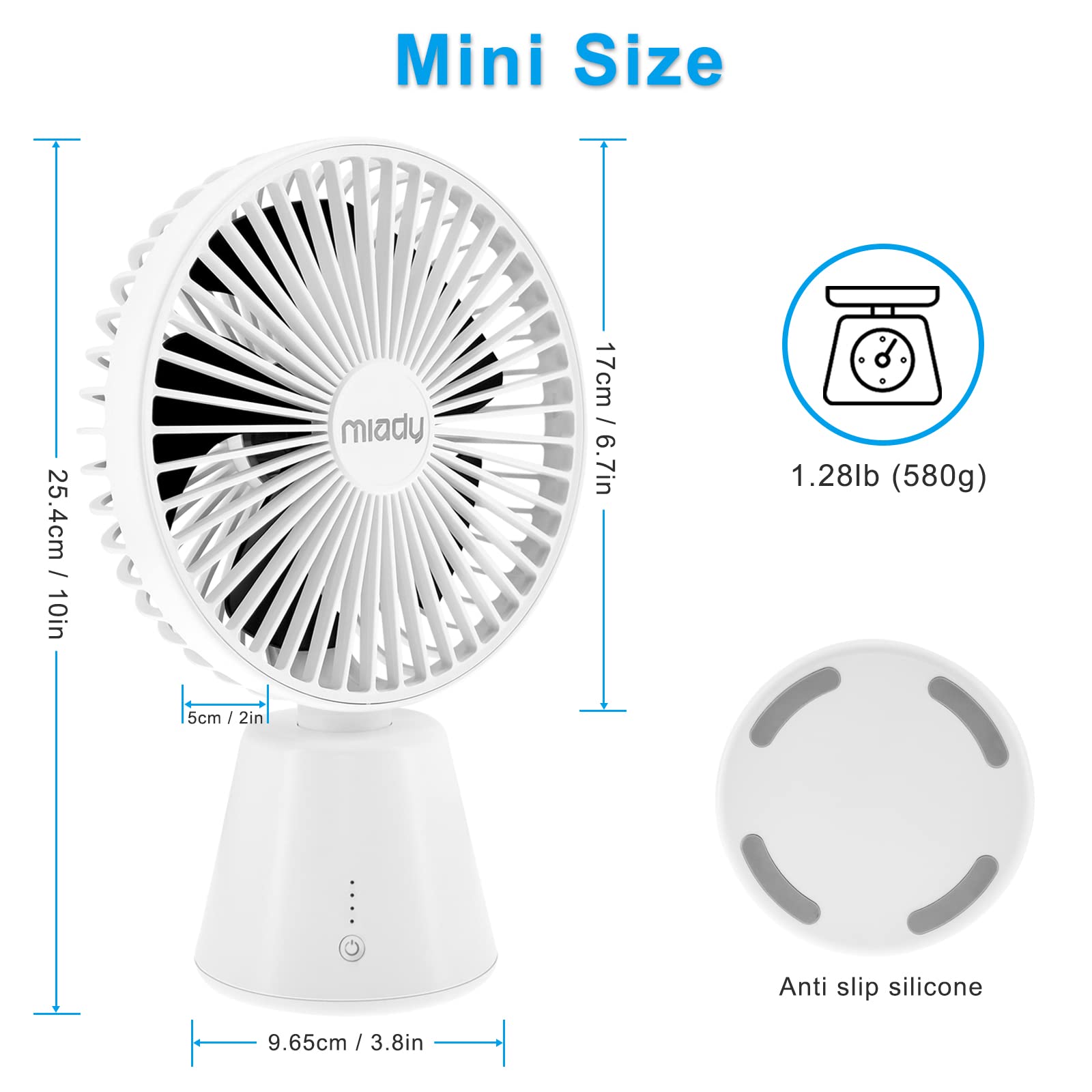 Miady Usb Desk Fan, 5000Mah Portable Desktop Fan 135°Auto-Oscillating 3 Speeds Mini Cooling