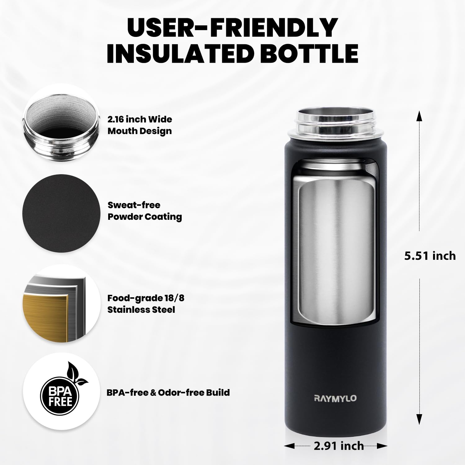 Insulated Water Bottle, Triple Wall Vacuum Stainless Steel (Cold For 48 Hrs), Leak Proof