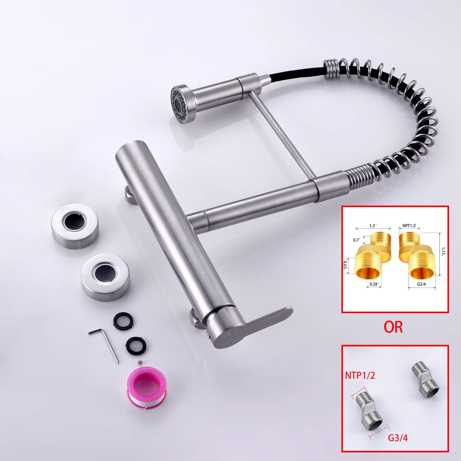 Flwueue Wall Mount Faucet 8 Inches Center, With Pull Down Sprayer, High Arc Single Handle Spring Kitchen Sink Faucet, Grifos De Cocina, Brushed Nickel