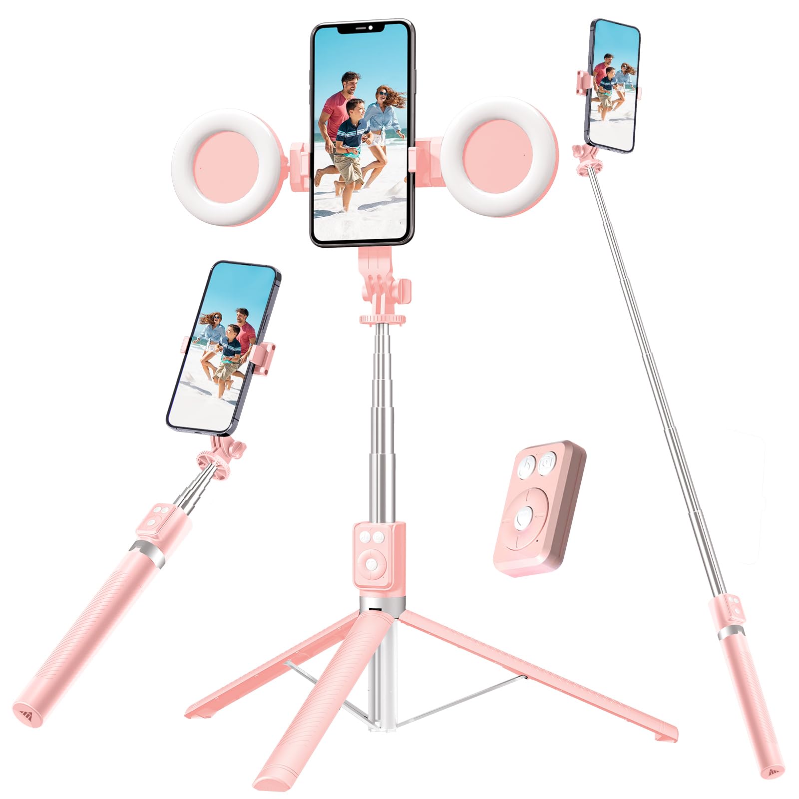 Mouzakon Selfie Stick Tripod With Fill Light, Phone Selfie Stick,Durable Stainless Steel Design,Bluetooth Remote Control,And Stable Three-Legged Support For Live Broadcasts,Video Shooting (Pink)