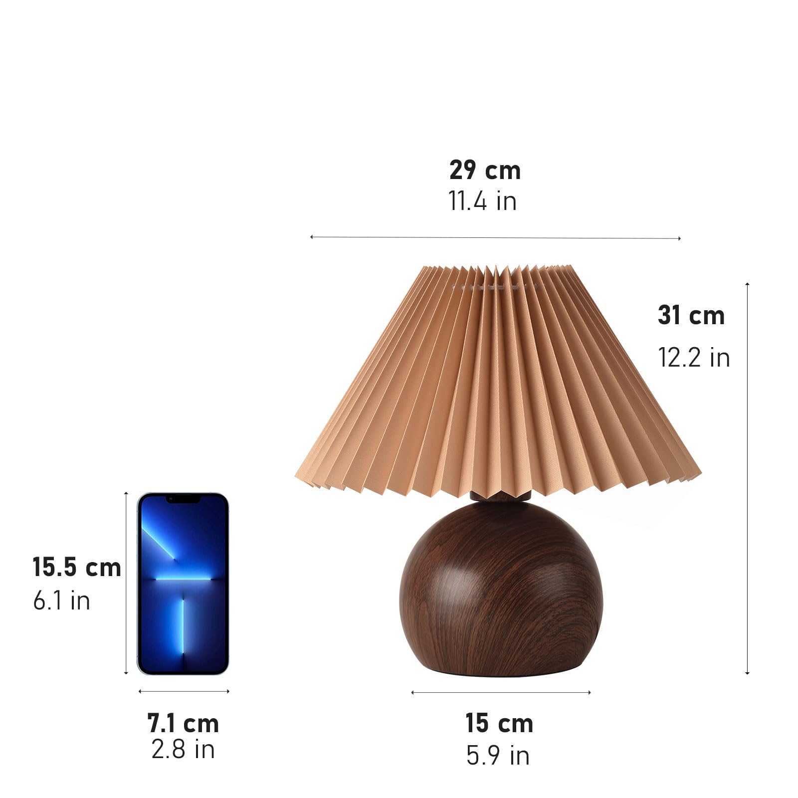 Kunjoulam Retro Pleated Table Lamp, Modern Bedside Nightstand Lamp With Brown Shade, 5.9” Metal Base For Bedroom, Home Office, Living Room, Kids Dorm Without Bulb