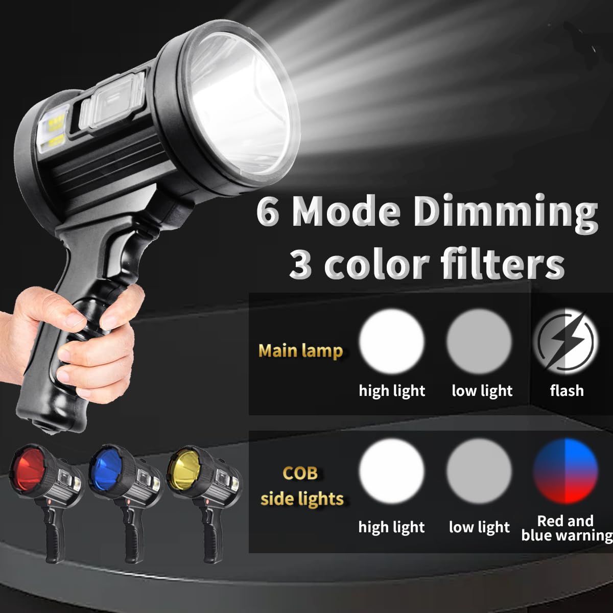 Jujingyang Rechargeable Spotlight,150000 Lumens Handheld Hunting Flashlight Led Flashlight And Solar Panels,3 Modes 4 Colors Waterproof,Lightweight Bright Searchlight For Hunting,Camping, Boating