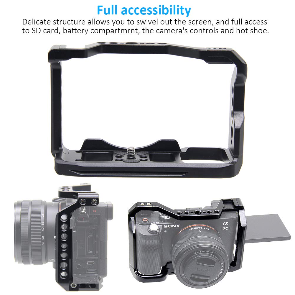 Easy Hood Camera Cage For Sony Alpha 7C / A7C / Ilce-7C, Vlogging Video Camera Rig Stabilizer With Built-In Cold Shoe, 1/4" Mounting Points And 3/8" Locating Hole