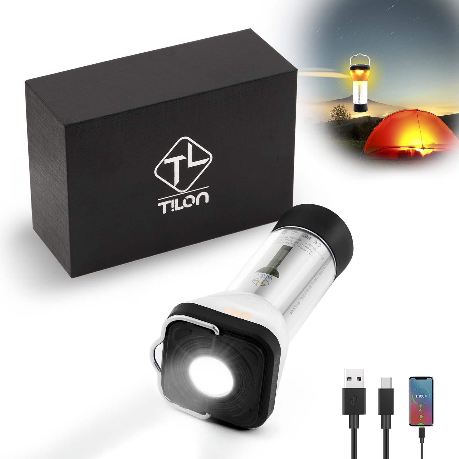 Tilon Protable Led Camping Lantern Flashlight Rechargeable, 20000 Lumen 7 Modes Ipx6 Waterproof, Portable For Camping Emergency (Black)