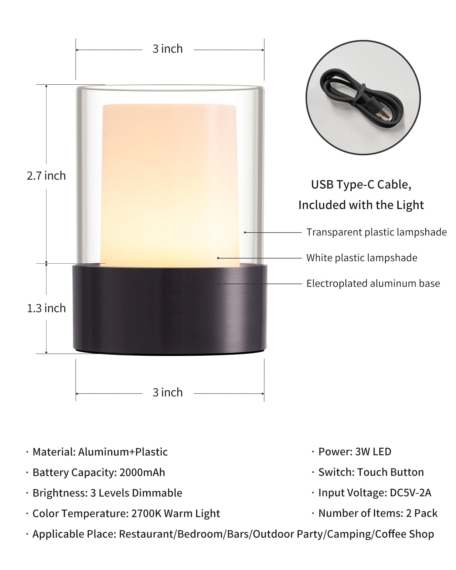 Newsee Led 4" Mini Cordless Table Lamp 2 Pack, Outdoor Waterproof Lamp, Rechargeable Battery Operated Lamp, Portable Touch Night Light For Dining Room, Camping, Nursery, Baby, Bar, Party (Black)