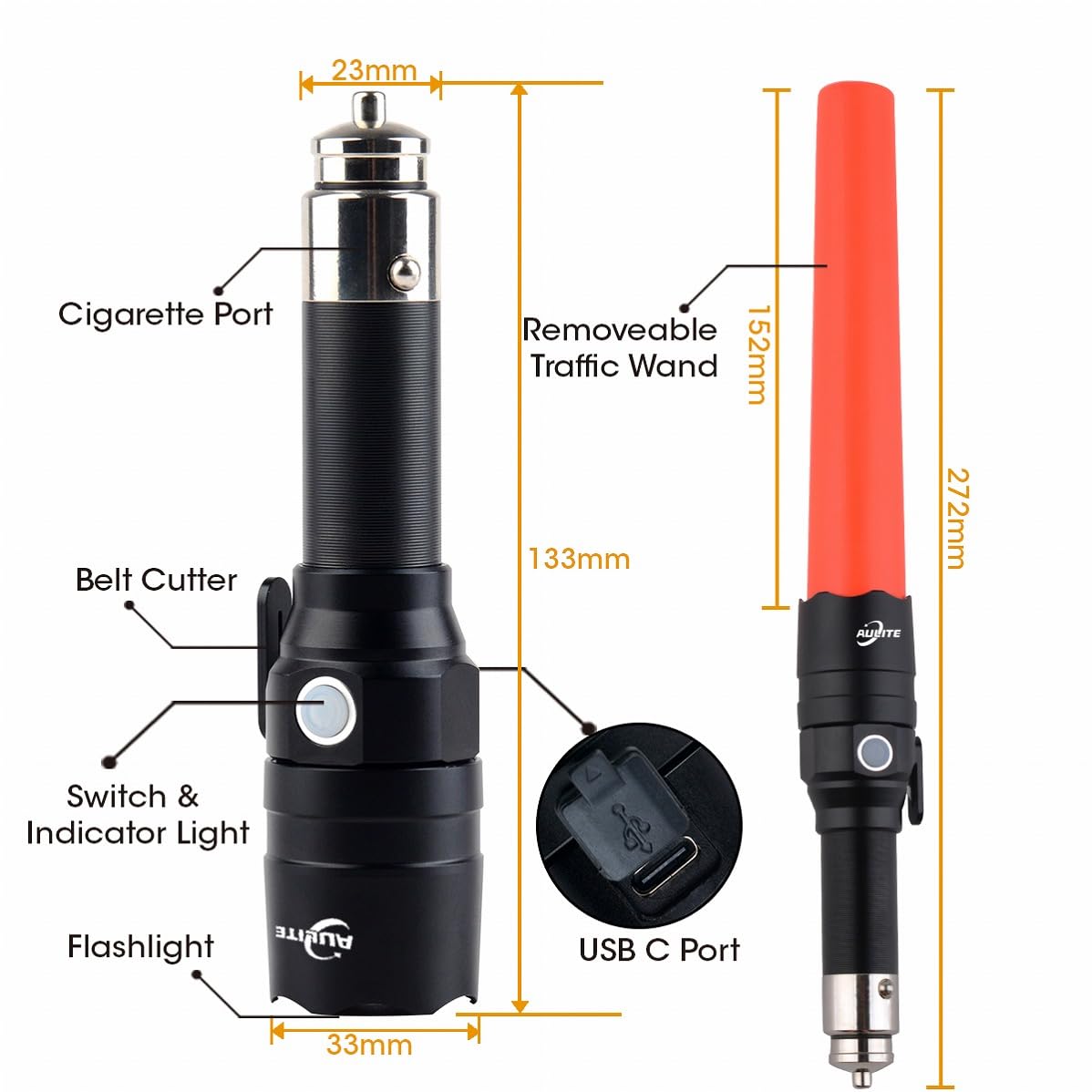 Aulite Small Safety Wand Flashlight For Traffic,Car,Emergency  Cigarette Lighter & Usb C Rechargeable Torch With Seat Belt Cutter