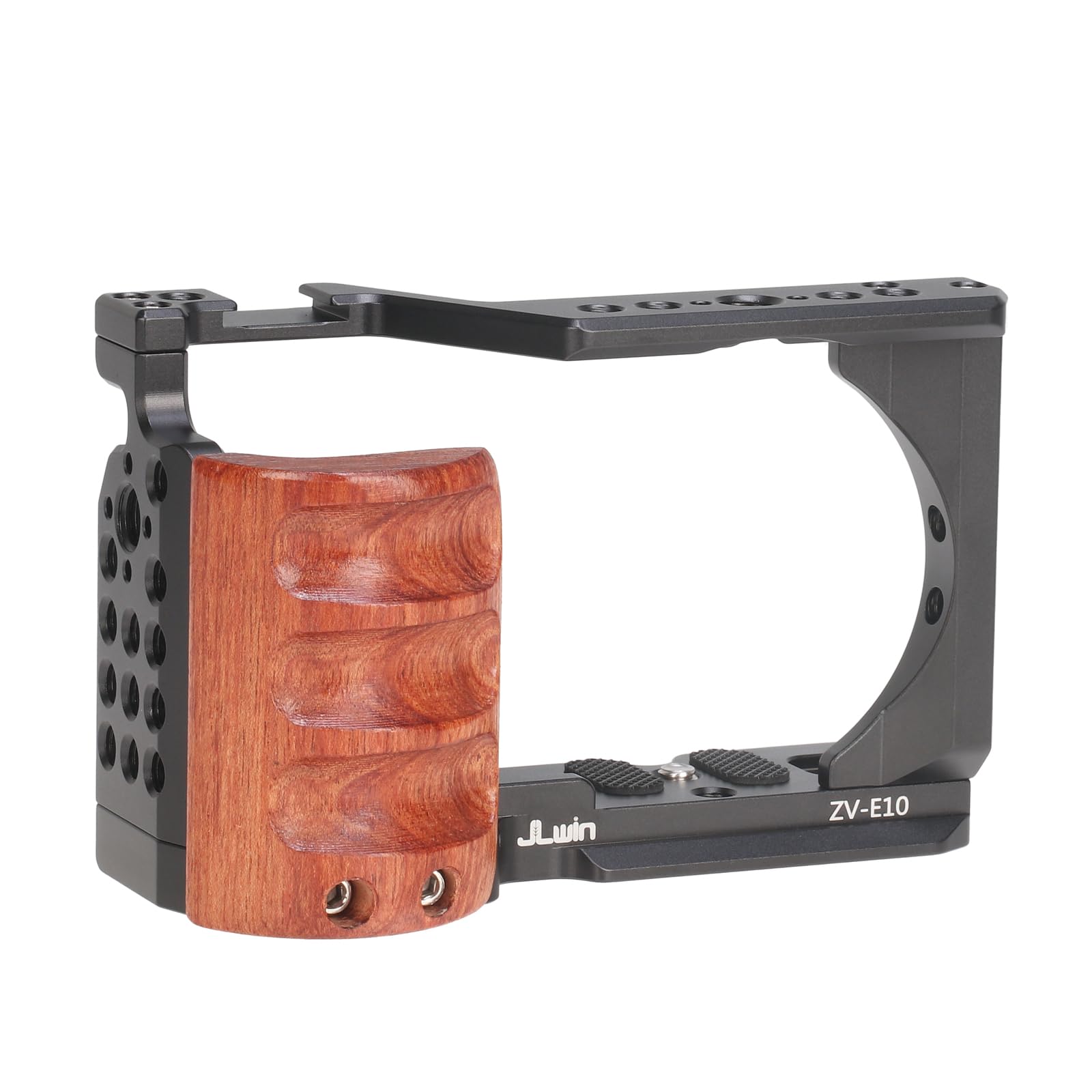 Focusfoto Aluminium Camera Cage With Wooden Side Handle Grip For Sony Alpha Zv-E10 Camera, Extension Full Frame Video Stabilizer With Cold Shoe 1/4"-20 3/8"-16 Locating Hole For Arri Grip, Mic, Led