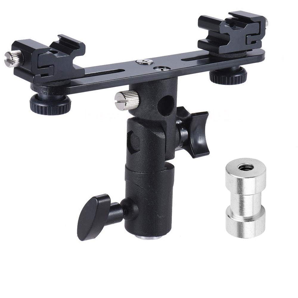 Exmax E2 Adjustable Double Flash Bracket Dual Hot Shoe Speedlight Stand Umbrella Holder Light Stand Bracket Mount 1/4" To 3/8'' For Studio Video Dslr Camera