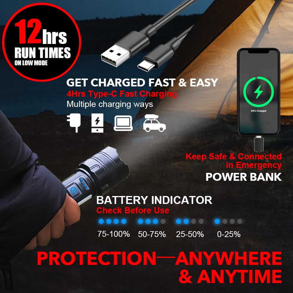 Vana Kula Rechargeable Led Flashlight, 250000 Lumens, Zoomable, 7 Modes, Cob Sidelight, Magnetic Base, Ipx6 Waterproof, For Emergency, Home, Camping, Hunting