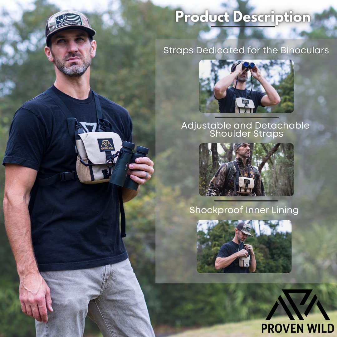 Proven Wild Bino Harness Binocular Harness Chest Pack Made Of Waterproof 900D Nylon  Binocular Harness For Hunting Case With Adjustable Shoulder Straps, 2 Mesh Pockets, And Zipper Back Pocket