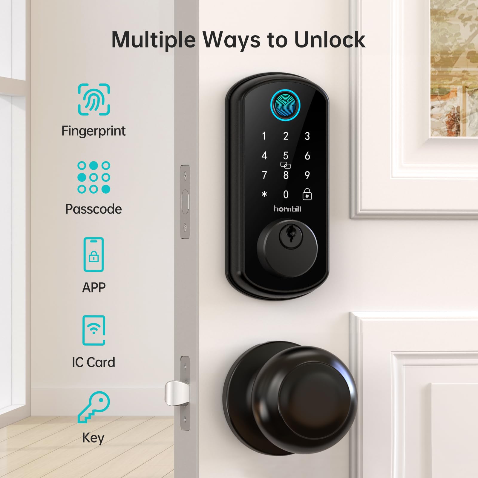 Hornbill Wifi Smart Door Lock Set: Keyless Entry Door Lock Deadbolt With Handle Set Fingerprint Front Door Lock With 2 Knobs Alexa Bluetooth Remote Code Auto Lock For Home Hotel Security Black