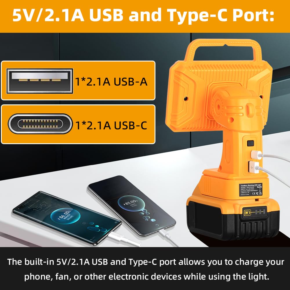 Weixblixian 2000Lm Light Compatible With Dewalt 20V Max Lithium-Ion Battery, 18W Flashlight With Usb Port, Led Work Light For Emergencies, Camping, Outdoor, Indoor(Battery Not Included)