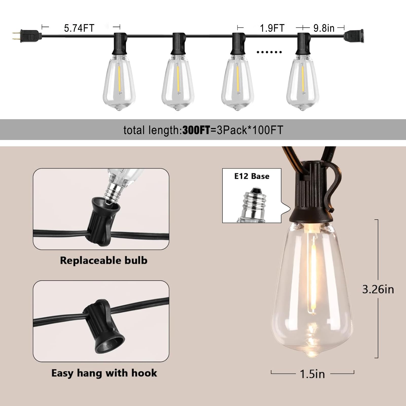 Meidaoduo 300Ft Edison String Lights Outdoor Waterproof With 150+6 Extral Led Shatterproof St38 Edison Bulbs 2200K For Outside Patio Pergola Backyard Bistro Lights, 3 X 100Ft Connectable