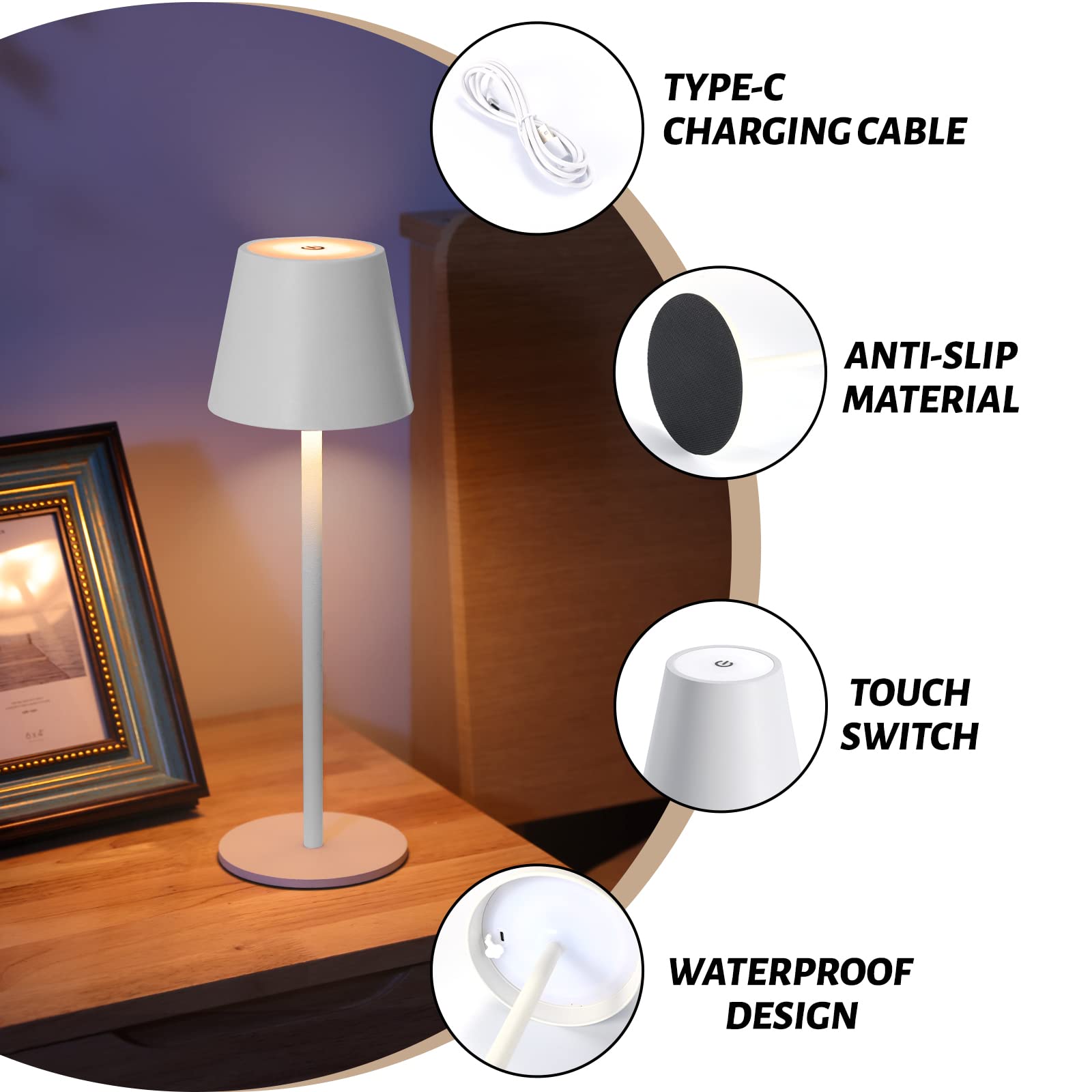 Maksone 2 Pack Led Cordless Table Lamp, 6600Mwh Rechargeable Battery Desk Lamp, 3000K Stepless Dimming Night Light, Ip54 Waterproof Metal Outdoor Portable Lamp For Camping, Restaurant (White)
