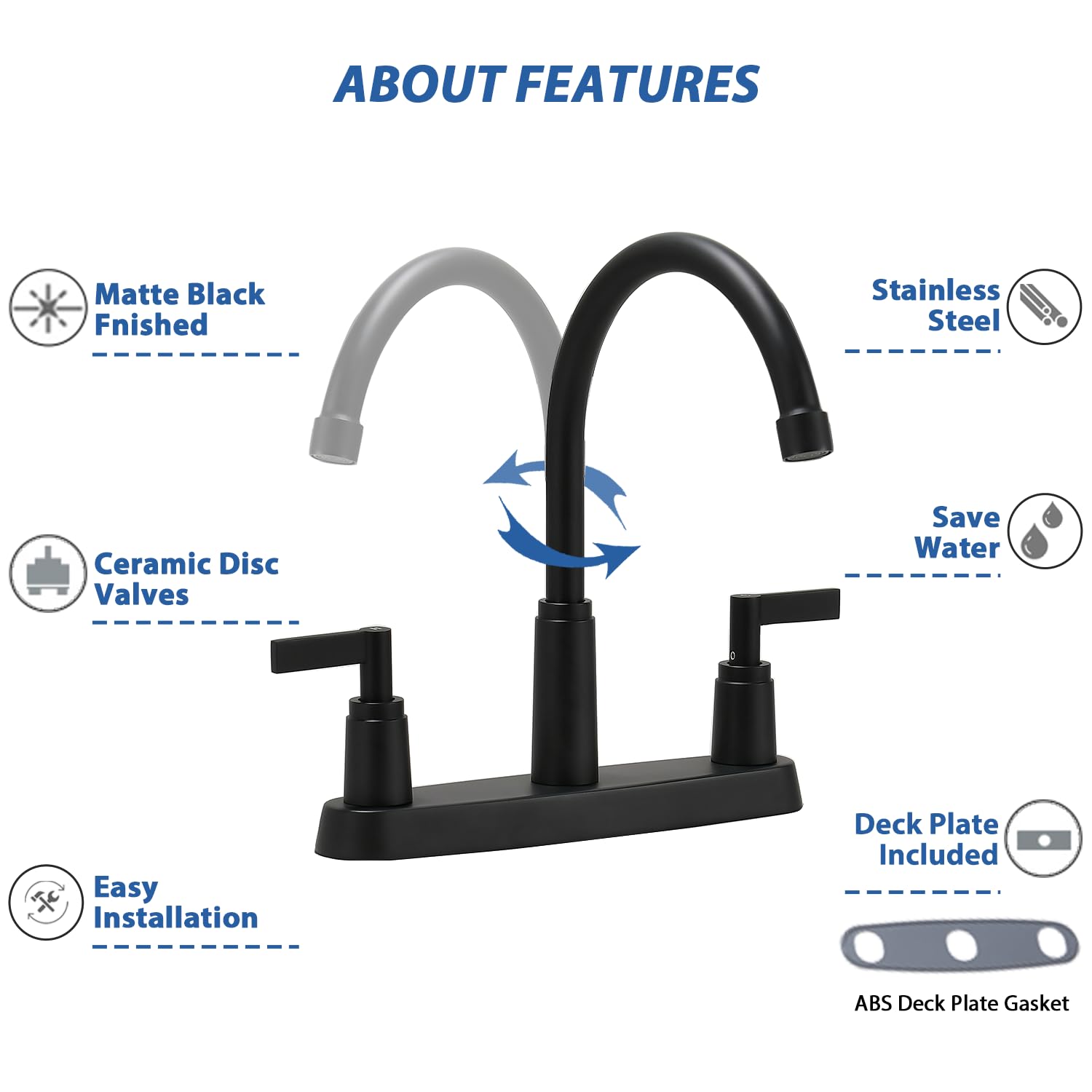 Rainmax Modern 2 Handle Kitchen Sink Faucet With Side Sprayer, High Arc 360 Swivel Stainless Steel 3 Or 4 Hole Kitchen Faucet For Rv Camper Laundry Utility Bar Sinks, Matte Black