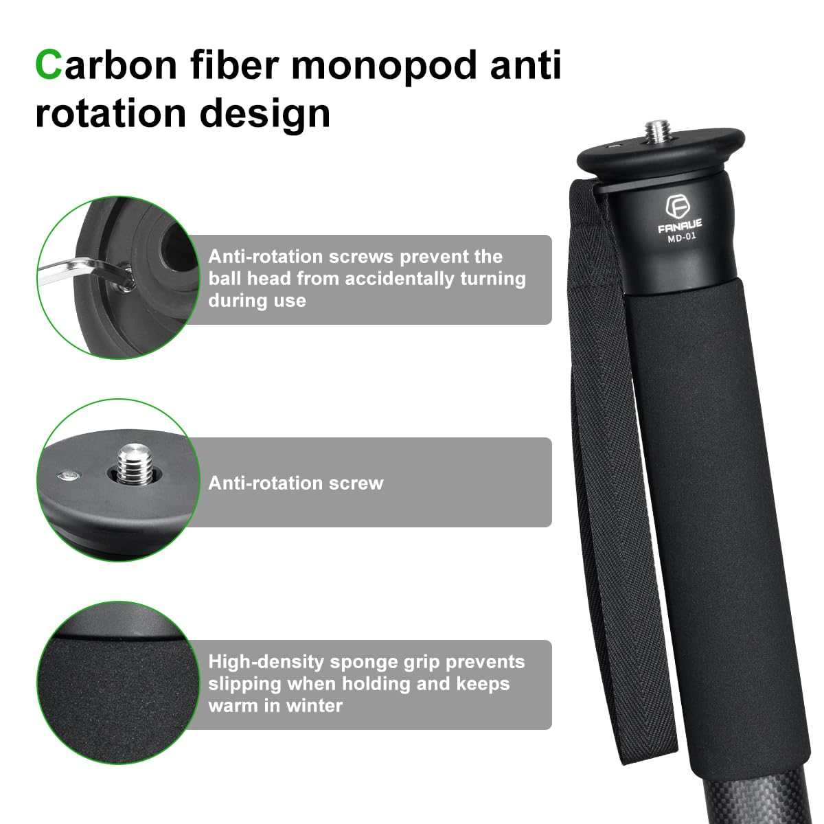 Fanaue Md-01 Camera Monopod Stand With 1/4"-20 And 3/8"-16 Threads, Carbon Fiber Monopod For Canon Nikon Sony And Dslr Cameras, Lightweight Travel Tripod Load 10Kg/22Lbs, Great For Outdoor Photography