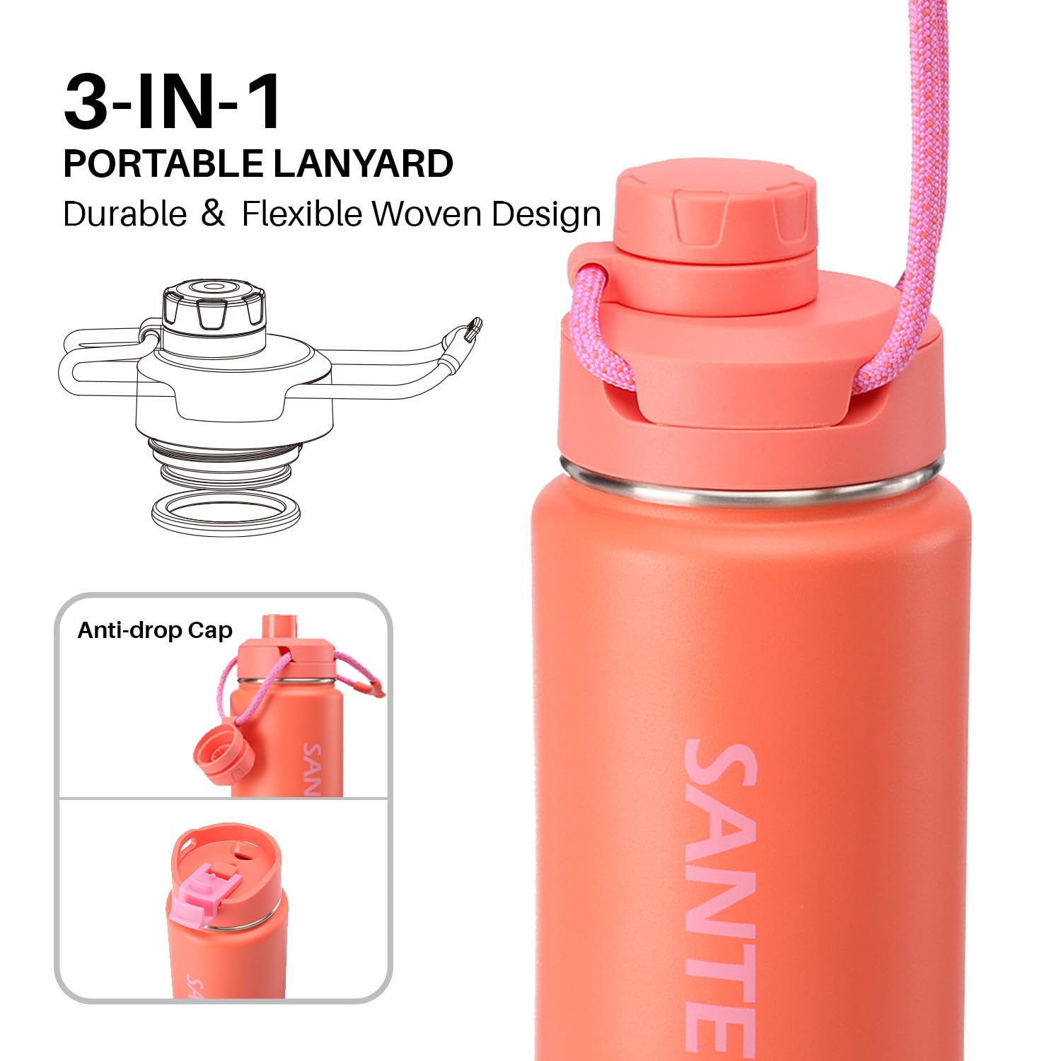 Insulated Water Bottles 24 Oz, Santeco Stainless Steel Bottle With Lanyard & Wide Mouth Spout Lid